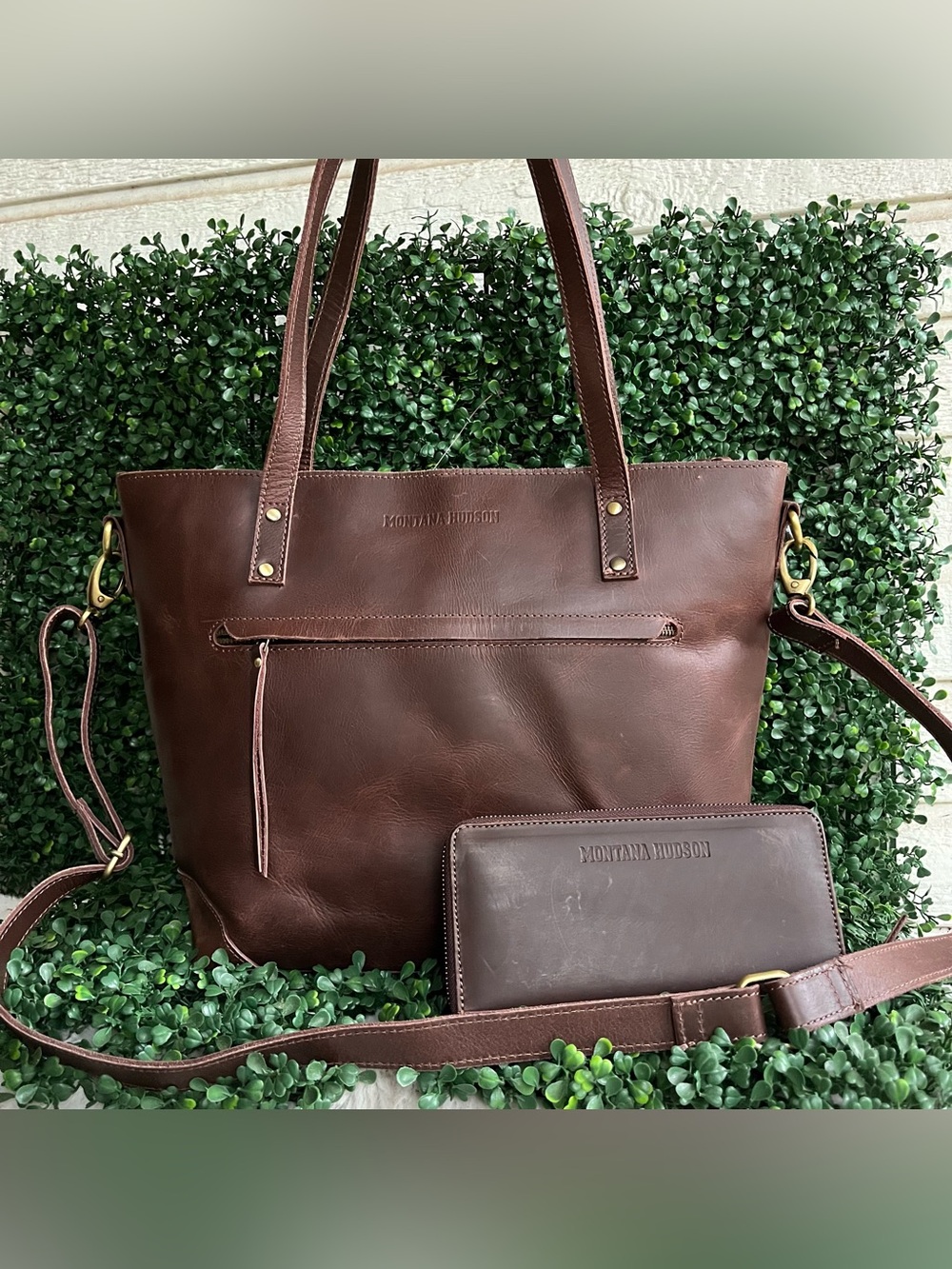 MONTANA HUDSON Brown Leather Laptop Work Tote Shoulder Bag + Wallet